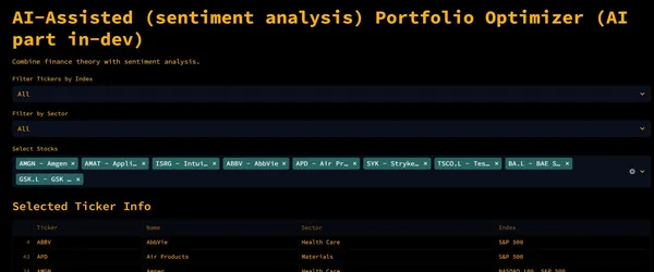 Screenshot showing the stock selection portion of the app